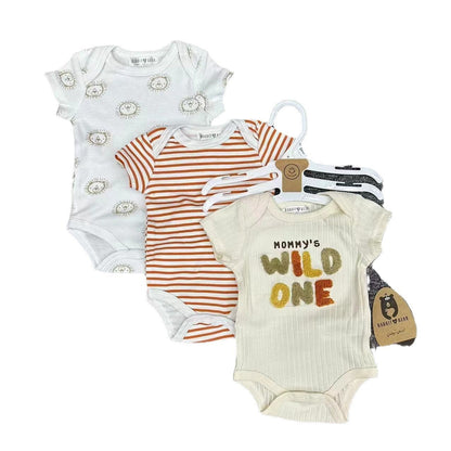 Cross border baby jumpsuit, men's and women's three piece set, buttocks, short sleeved set, men's and women's summer thin edition