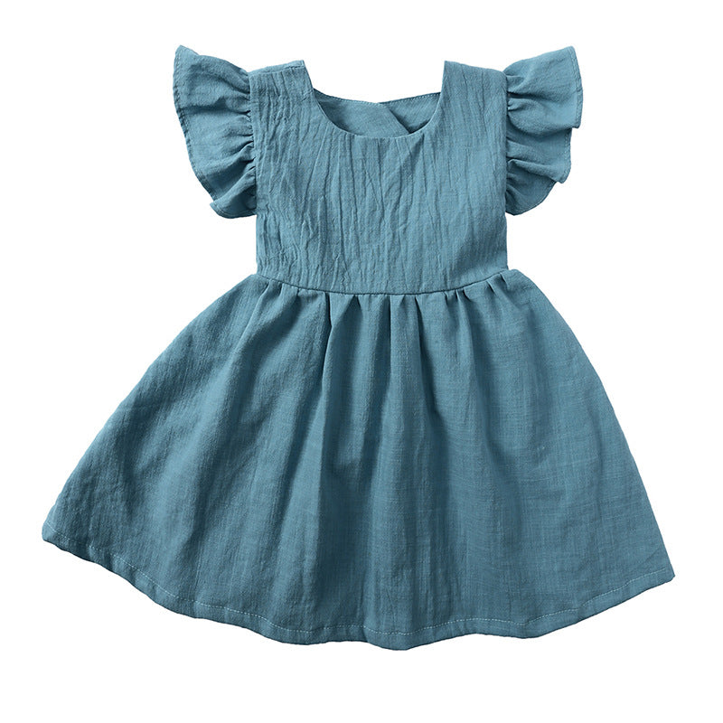 New Girls' Dress Baby Cotton Linen Solid Color Children's Dress Bow Princess Dress Fluffy Dress 0.123kg