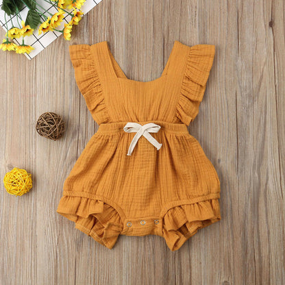 Cross-border foreign trade children&#039;s one-piece khaki solid color ruffled sleeveless jumpsuit 0.1kg