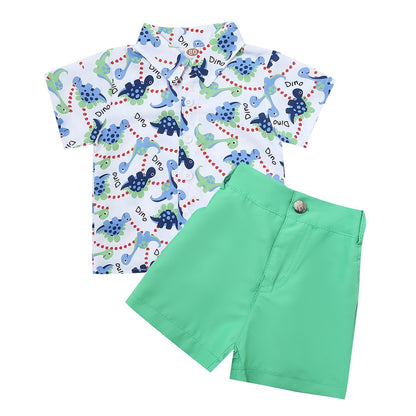 Dinosaur shirt set short sleeve shorts lower full print dinosaur shirt set yellow green solid color summer 0.12kg