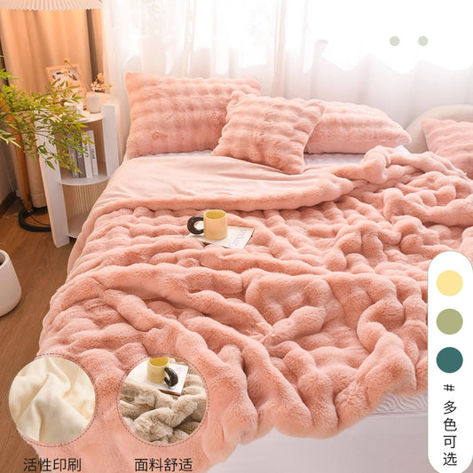 A winter light luxury rabbit plush blanket thickened double-sided plush bedroom blanket premium rabbit plush bedding nap blanket