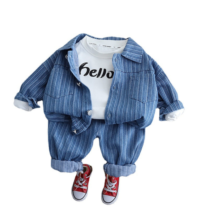 Boys Spring and Autumn Vertical Pattern Denim Set New Children's Sports Spring Clothing Baby Western Spring Three Piece Set Tide 0.3KG