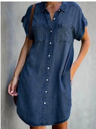 Independent station, Amazon 2024 cross-border new product, European and American lapel short-sleeved slim-fit dress, denim shirt skirt, women