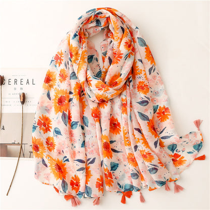 A Yitao Scarf Creative Ethnic Style Cotton and Hemp Hand Feel Scarf Women's Orange Wheat tassel Tourist Beach Scarf Shawl