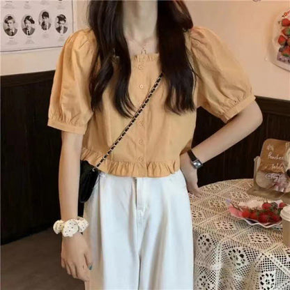 A Summer New 2024 Lotus Leaf Edge Short Sleeve Shirt Women's High Waist Salt Sweet Bubble Sleeves