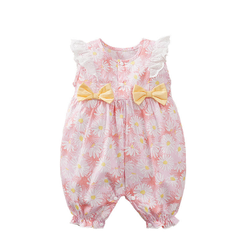 Summer thin baby girl jumpsuit, sweet little flying sleeve baby jumpsuit, bow short sleeved newborn crawling suit, 0.15kg