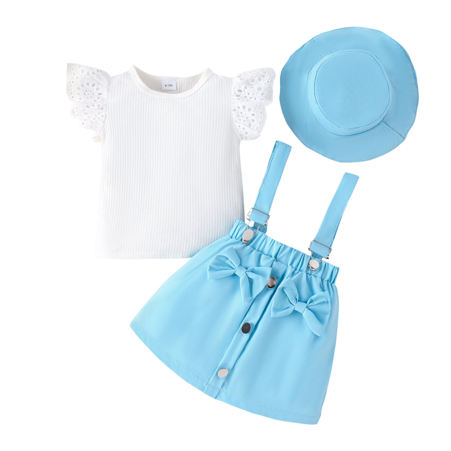 Conjunto de primavera/verano para niñas con top de encaje con mangas voladoras + falda corta con tirantes de color liso + sombrero de Amazon 