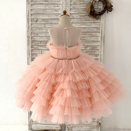 Vestido de niña rosa con falda cruzada, vestido de boda para niños, vestido de princesa hinchado, vestido de cumpleaños para niño de flores, vestido de actuación de piano, 0,6 kg 