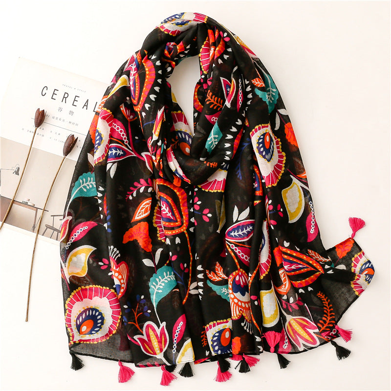 A Yitao Scarf Creative Ethnic Style Cotton and Hemp Hand Feel Scarf Women's Orange Wheat tassel Tourist Beach Scarf Shawl