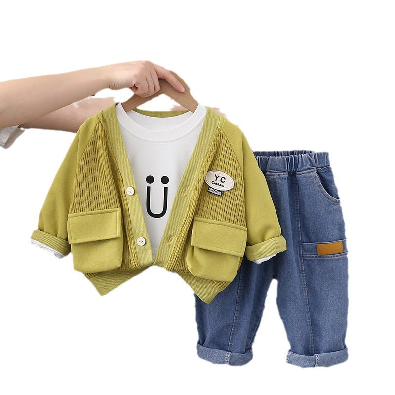 A Children's autumn three-piece set Manufacturer wholesale Boys' tooling jacket jacket long-sleeved versatile bottoming shirt trousers