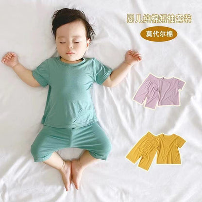 Baby set, summer thin air conditioned suit, high waist belly protection, short sleeve middle pants, pajamas, modal baby boy, summer dress, women, 0.2kg