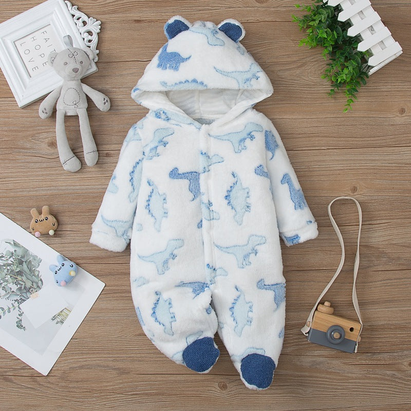 A winter thickened dinosaur print upright ears hooded feet Romper cute velvet newborn outing suit