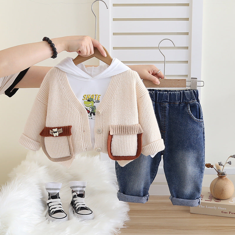 A Boys Autumn Clothing Set Children's 2024 New Boys Spring and Autumn Color Matching Pocket Long Sleeve Sweater Three-piece Set