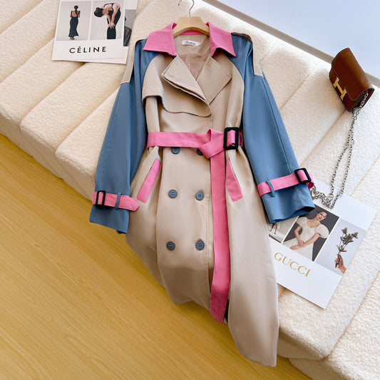 A Contrast color trench coat women's medium and long spring and autumn new fashion age-reducing design sense niche loose and thin coat women