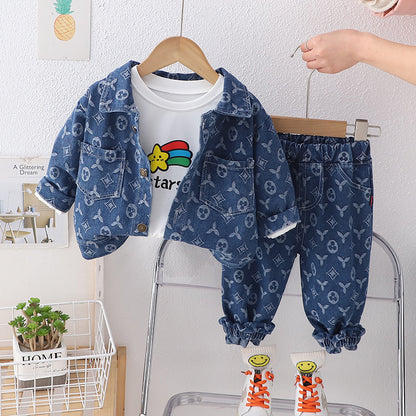 A boys' suit children's spring and autumn clothing 2024 new medium and small children's baby full-printed denim three-piece set boy Korean version tide