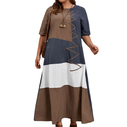 Women's Long Skirt Round Neck Stitching Contrast Color Loose Large Size Dress Summer