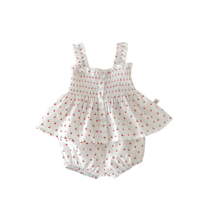 A girl's summer thin cherry heart printed suspender set baby girl doll shirt for outdoor wear