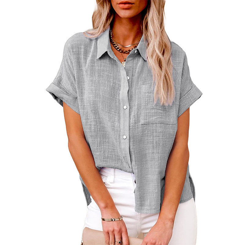 A Amazon wish summer new European and American cross-border women's clothing solid color linen shirt short sleeve casual loose shirt