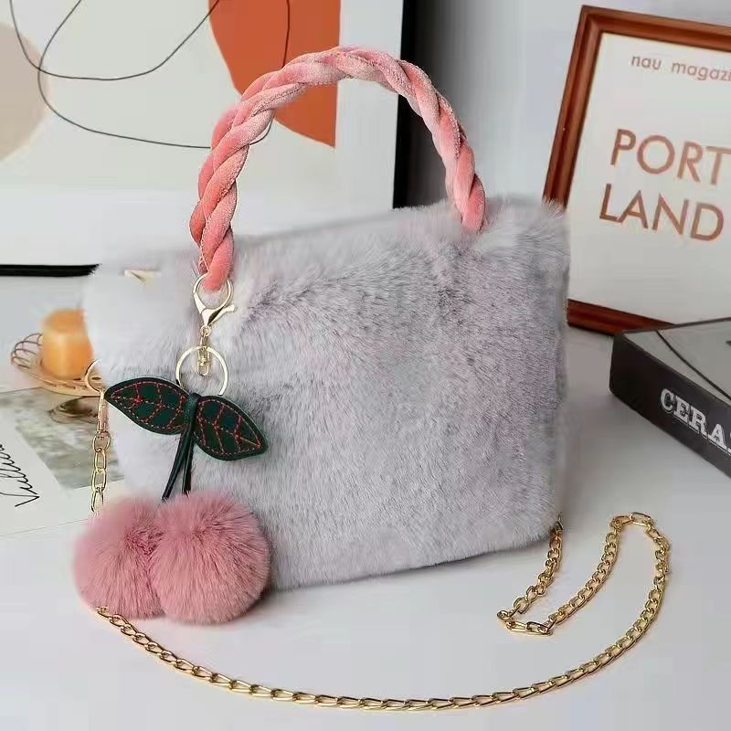 Bolso de mano con forma de conejo de peluche y cerezas, bonito y femenino 