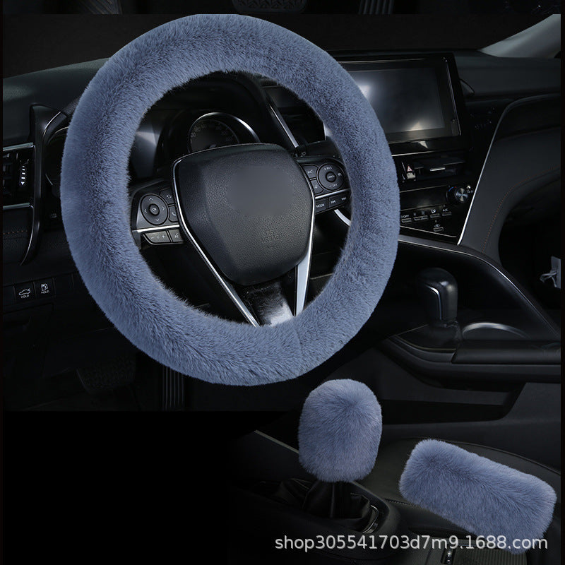 Winter short plush handlebar cover imitation rabbit fur gear lever handbrake three-piece set plush car steering wheel cover (moq:10 set , if  buy one piece need 1usd extra fee )