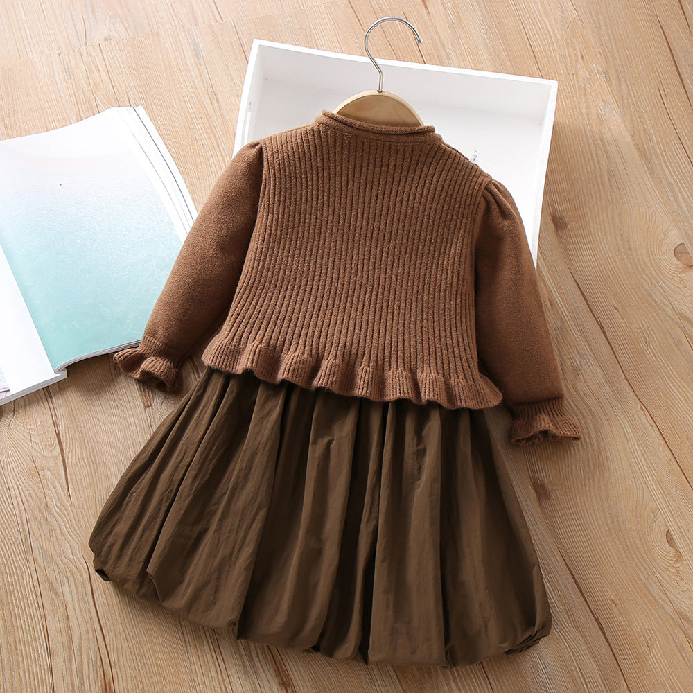 A girls sweater set autumn and winter new Korean version cute cartoon solid color knitted vest skirt cardigan two-piece set