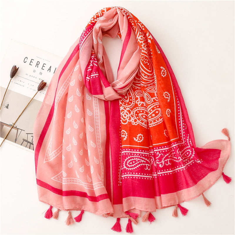 A Yitao Scarf Creative Ethnic Style Cotton and Hemp Hand Feel Scarf Women's Orange Wheat tassel Tourist Beach Scarf Shawl