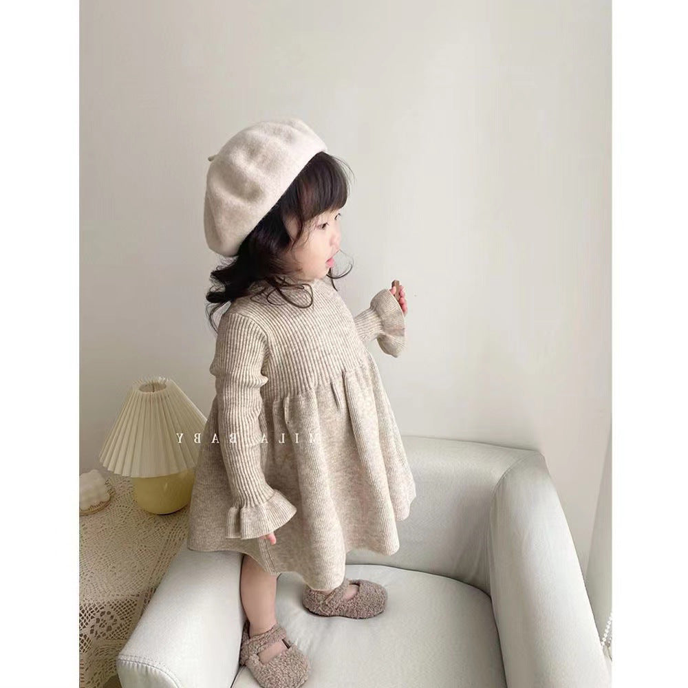 A Children's wool skirt Girls' winter new knitted long-sleeved dress Korean version baby bottom skirt