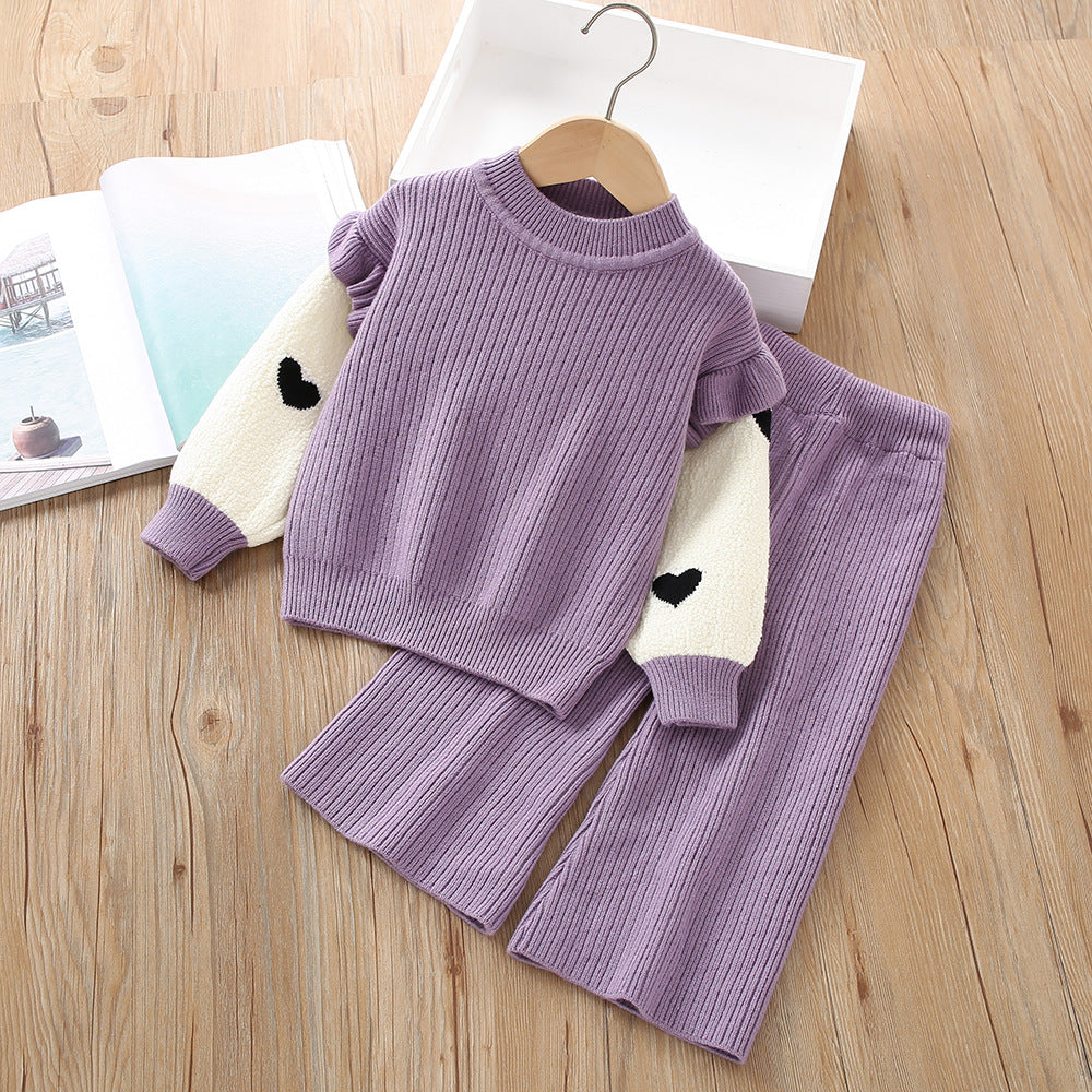 A girls sweater set autumn new Korean version fashionable little girl knitted fake two-piece long-sleeved two-piece pants