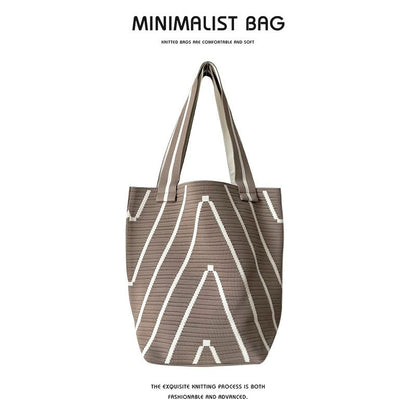 A large-capacity small bag, women's striped portable knitted tote bag, portable storage bag, Korean version solid color shoulder bag.