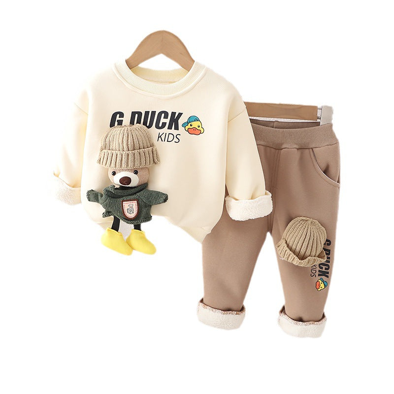 Nuevo conjunto de dos piezas de suéter y pantalones gruesos de felpa con cuello redondo y muñeca 3D linda de invierno al por mayor del fabricante original 0,3 kg 