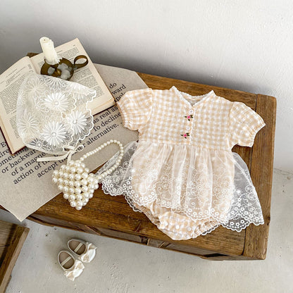 A baby clothes 2024 summer baby girl princess mesh skirt bubble short sleeve skirt one-piece hayi crawling suit new