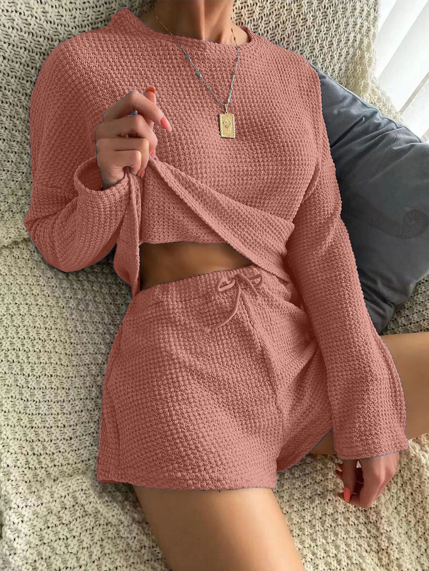 A Cross-border loungewear simple casual wagoff suit solid color summer pullover pajamas women can wear two sets in all seasons