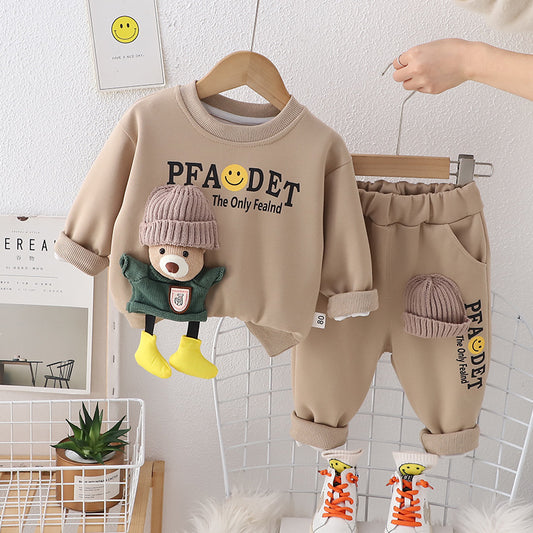 A boys' suit spring clothes new children's spring and autumn sweater cartoon three-dimensional bear boy foreign style two-piece set