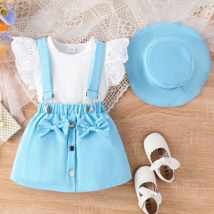 Amazon Spring/Summer New Children's Lace Flying Sleeves Top+Solid Color Strap Short Skirt+Hat Girls' Set