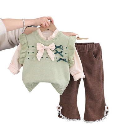 A spring new girls bow sweater vest three-piece baby girl solid color shirt long sleeve set trendy