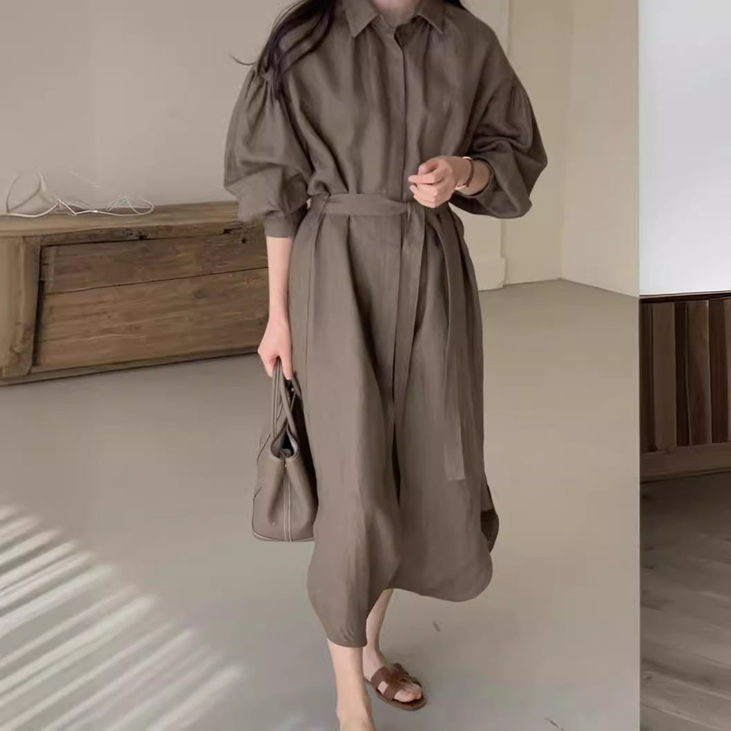 A Japanese and Korean chic spring and summer retro literary and artistic lace-up waist and thin lantern sleeves knee-length long-sleeved dress