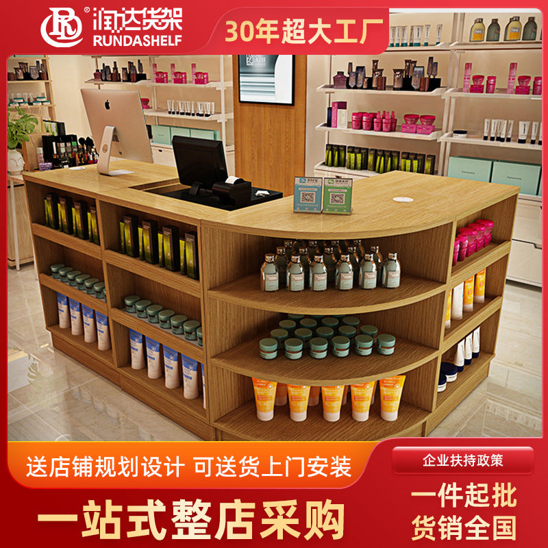 A simple supermarket checkout page Wooden bar table Reception desk Clothing convenience store Small counter