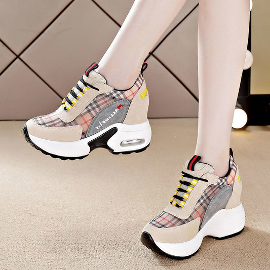 Women's shoes with an inner height increase of 6cm, Dad's shoes, women's spring new mesh thick sole, slimming casual sports shoes, cross-border