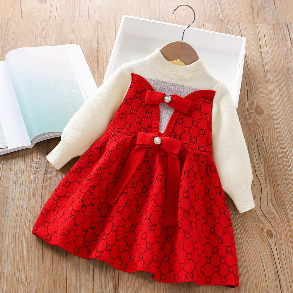 A girls sweater dress autumn and winter new little girl bow wool knitted long-sleeved pullover princess dress