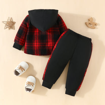 Toddler boy classic plaid hooded long-sleeved shirt color matching trousers suit European and American baby spring and autumn two-piece suit 0.2kg