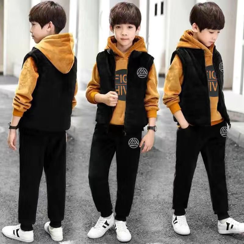 A boys autumn and winter suit new fleece thickened sweater three-piece set medium and older children's Korean version double-sided fleece children's clothing