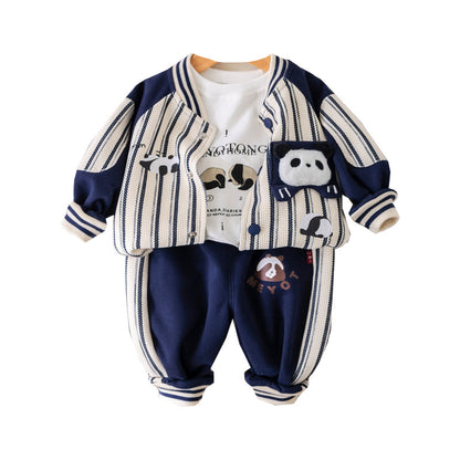 A Boys Autumn Suit New Children's Vertical Strip Cartoon Foreign Style Baseball Suit Baby Casual Jacket Three-piece Set