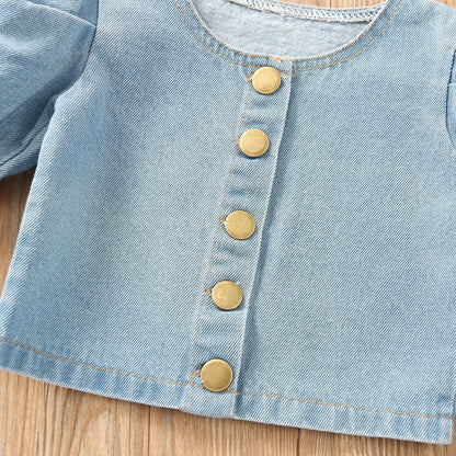 Children's Summer Short Sleeve Set, Little Girl Blue Denim Buttons, Fashion Korean Children's Clothing 0.2kg