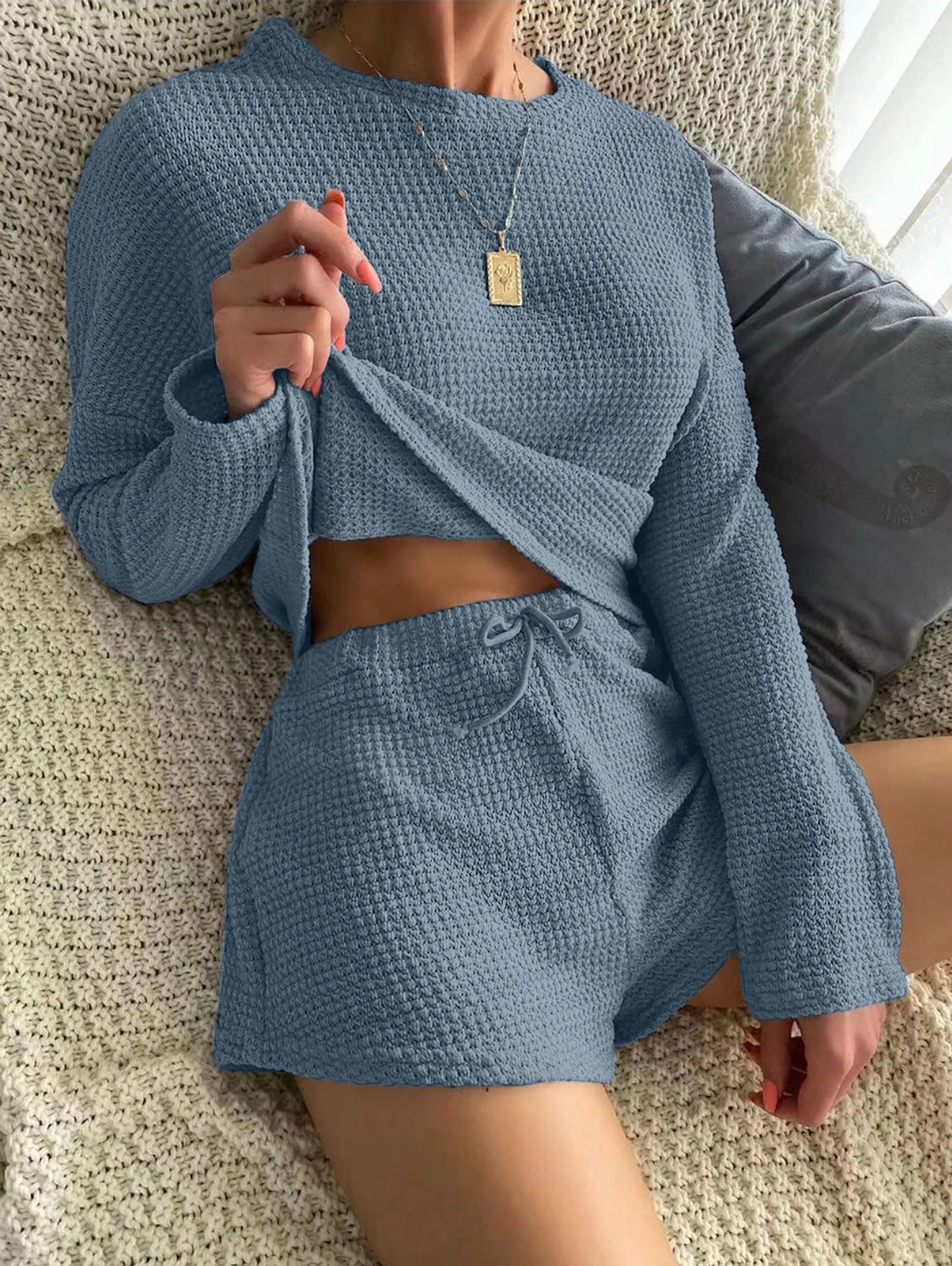 A Cross-border loungewear simple casual wagoff suit solid color summer pullover pajamas women can wear two sets in all seasons