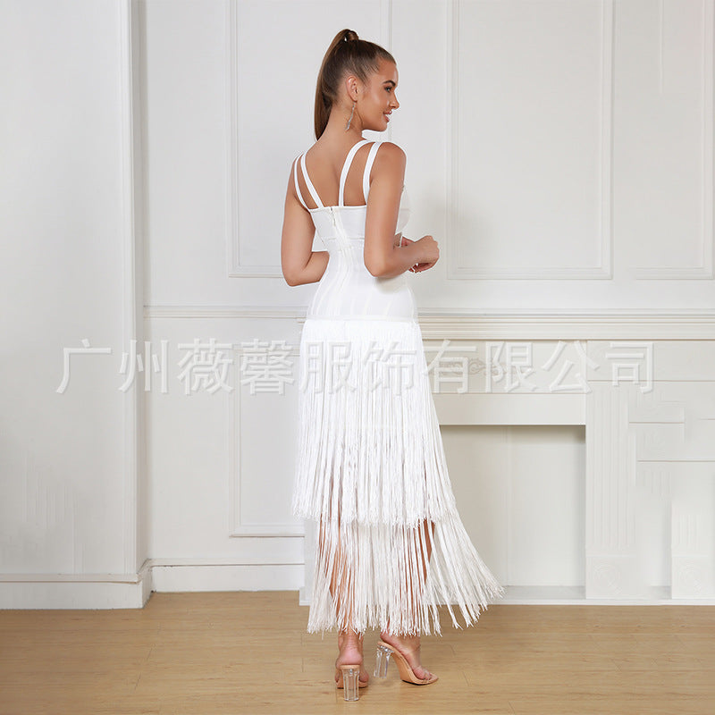 A cross-border fringed dress European and American babes sexy dress ins style new retro suspender slim bandage long