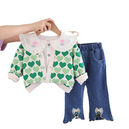 A girls cute suit autumn clothes new three-piece set full of love children's spring and autumn children's clothing trend