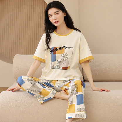 A pajamas women's summer women's pure cotton thin cool short-sleeved trousers round neck summer large-size women's loungewear suit