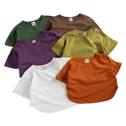 Ropa para niños Camiseta de verano Camiseta de manga corta para niños Camiseta de color caramelo Versión coreana Camiseta holgada de forma ancha para niños y niñas 