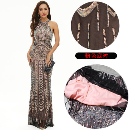 A 2024 new sequined banquet evening dress dress femininity socialites annual meeting host sexy neck fishtail long