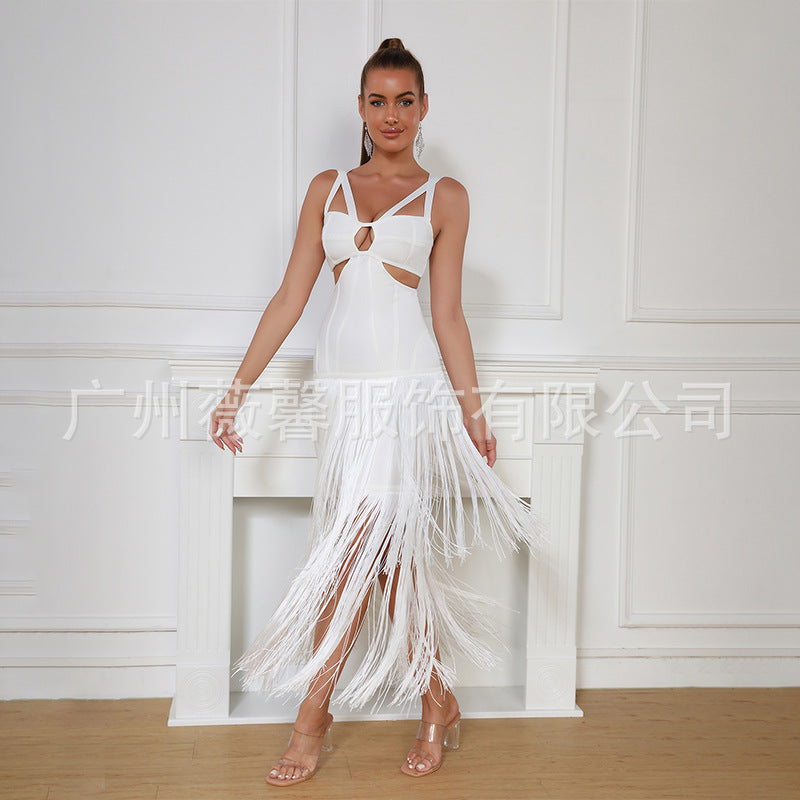 A cross-border fringed dress European and American babes sexy dress ins style new retro suspender slim bandage long